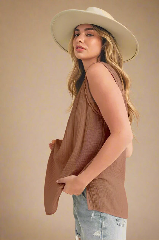 AEMI+CO - Mocha Gauze V - Neck Tank