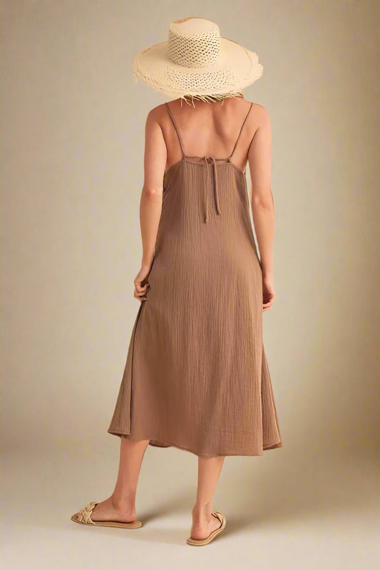 AEMI+CO - Mocha Side Button Lace - Up Midi Dress