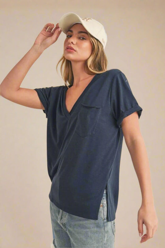 AEMI+CO - Navy V - Neck Pocket Tee