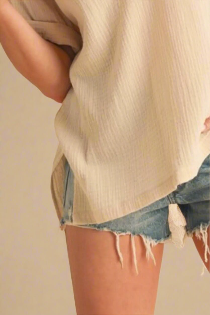 AEMI+CO - Oatmeal Textured V - Neck Blouse