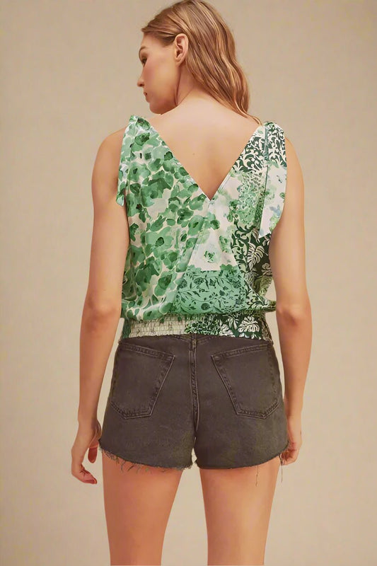 AEMI+CO - Patchwork Tie Strap Blouse in Green Mix