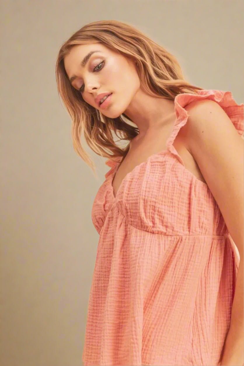 AEMI+CO - Peach Ruffle Strap Babydoll Top