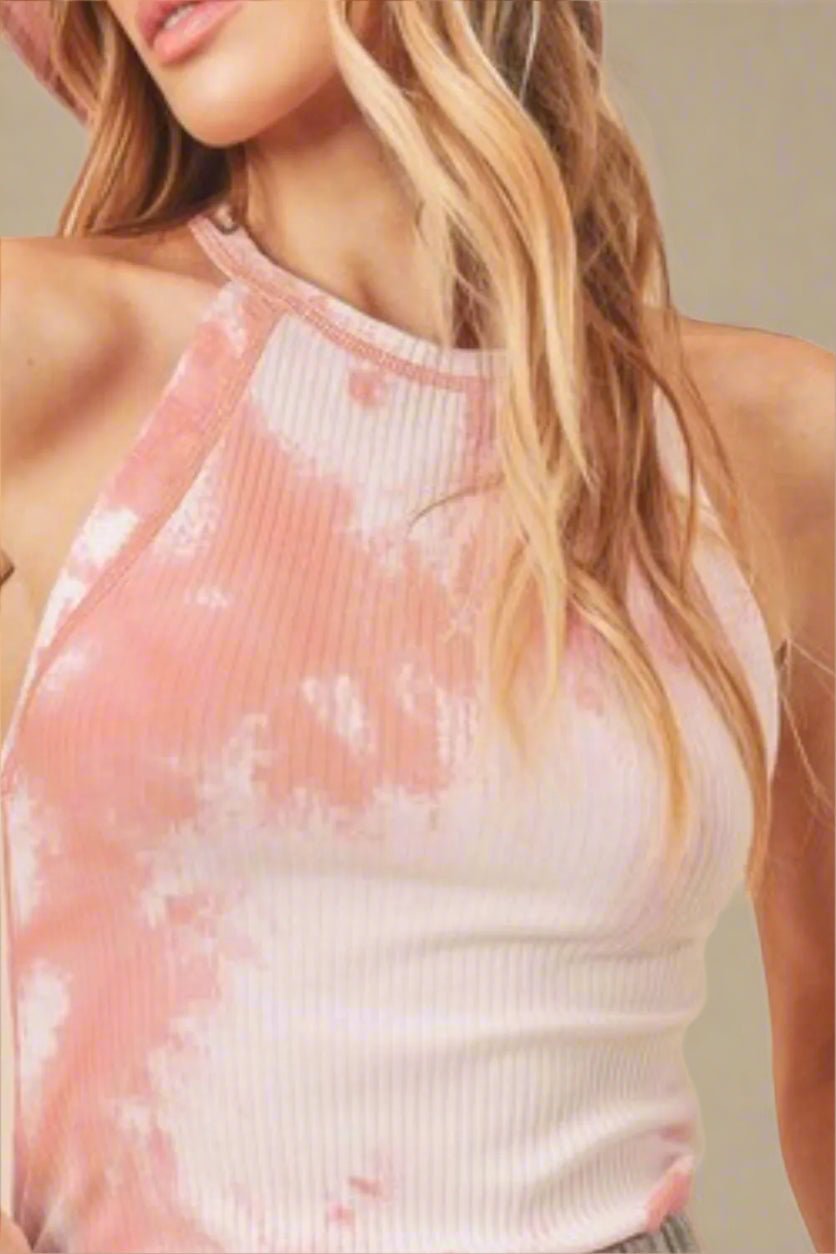 AEMI+CO - Pink & White Tie - Dye Ribbed Halter Tank