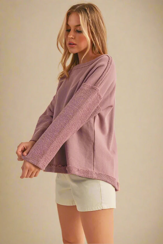 AEMI+CO - Raw Edge Textured Pullover Sweatshirt in Mauve Rose