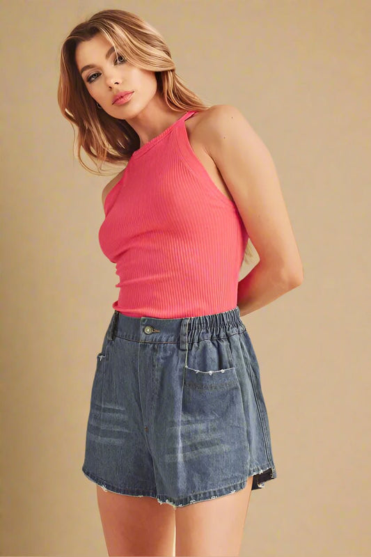 AEMI+CO - Ribbed High Neck Tank in Hot Pink