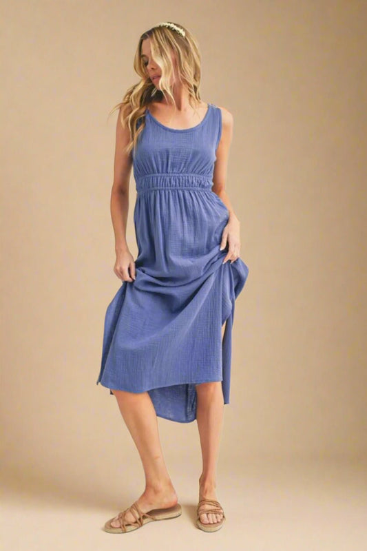 AEMI+CO - Slate Blue Smocked Waist Midi Dress