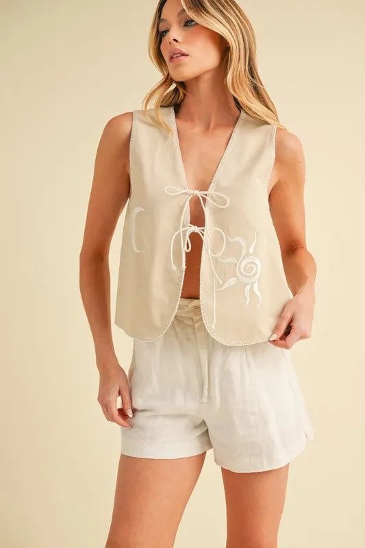 AEMI+CO - Sun & Moon Embroidered Tie - Front Vest – Natural Ivory