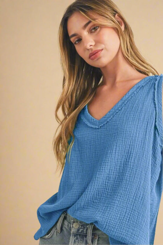 AEMI+CO - Textured Gauze V - Neck Tank in Slate Blue