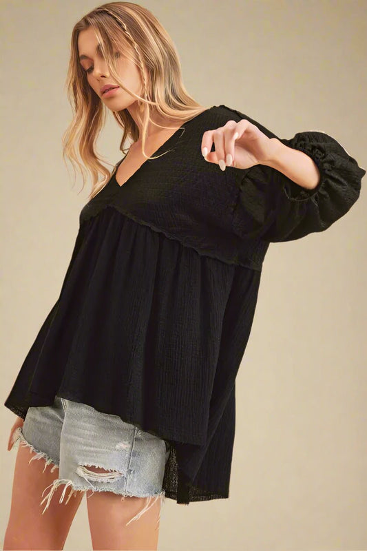 AEMI+CO - Textured V - Neck Babydoll Top in Moonlit Black