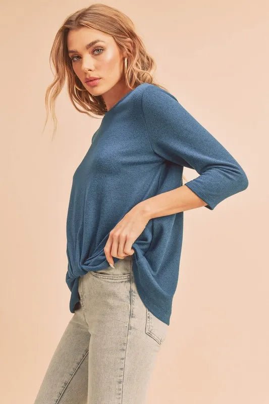AEMI+CO - Twist Front Knit Top in Dusty Slate Blue