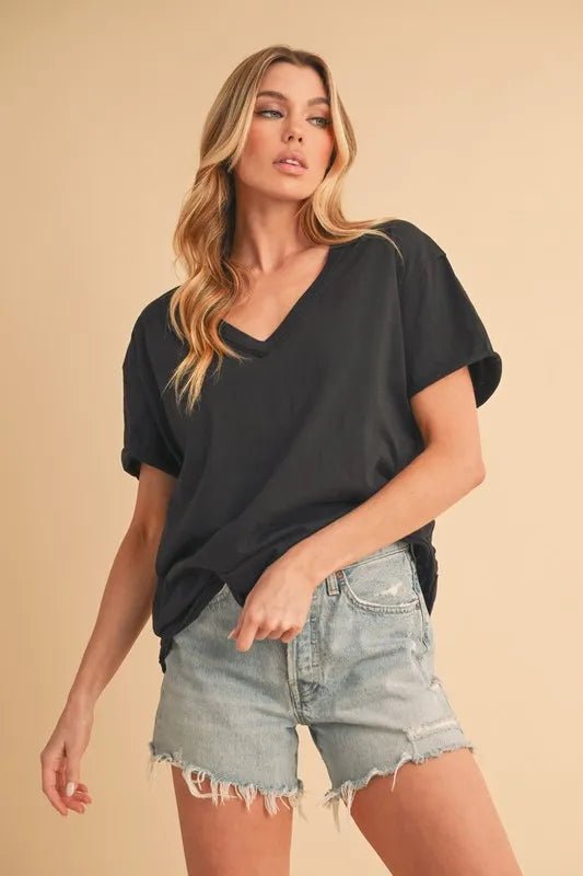 AEMI+CO - Washed Black Cotton V - Neck Tee