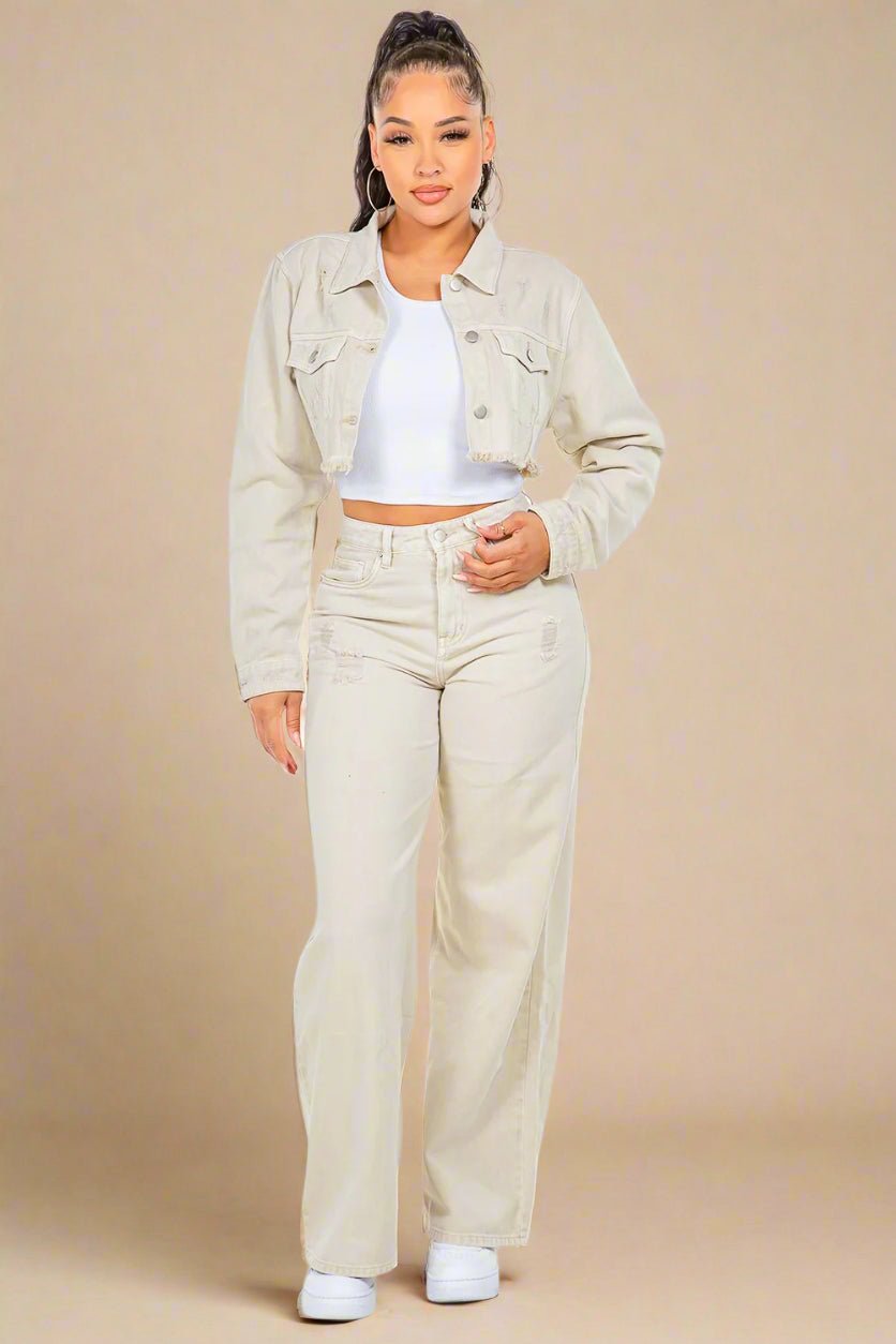 American Bazi - Beige High Waist Distressed Wide Leg Jeans