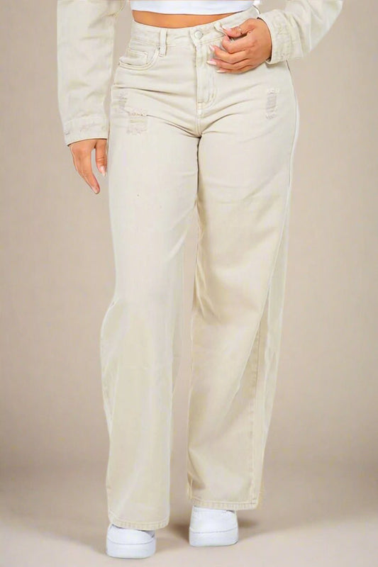 American Bazi - Beige High Waist Distressed Wide Leg Jeans