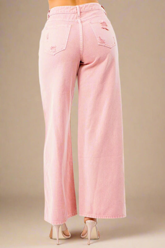 American Bazi - Blush Pink High Waist Distressed Wide Leg Jeans