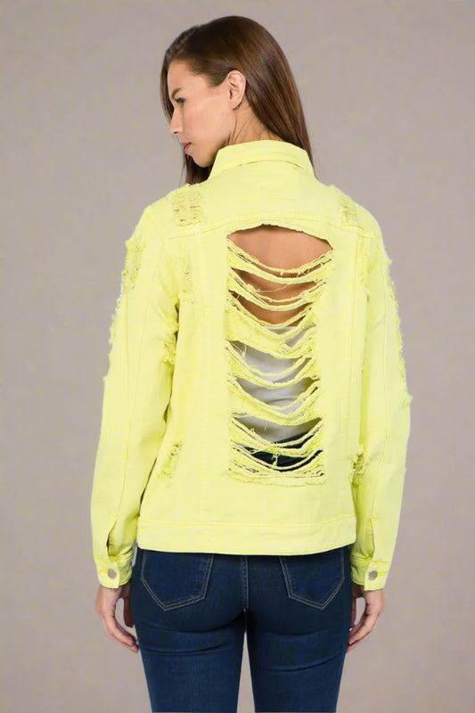 American Bazi - Distressed Back Button Down Denim Jacket in Lime Neon Yellow