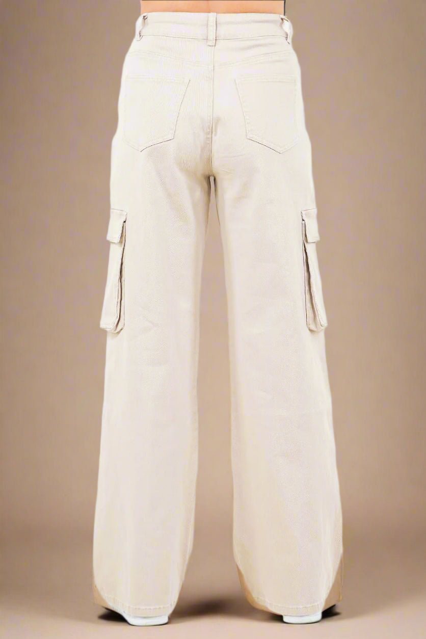 American Bazi - Drawstring Wide Leg Cargo Pants in Apricot