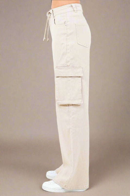 American Bazi - Drawstring Wide Leg Cargo Pants in Apricot