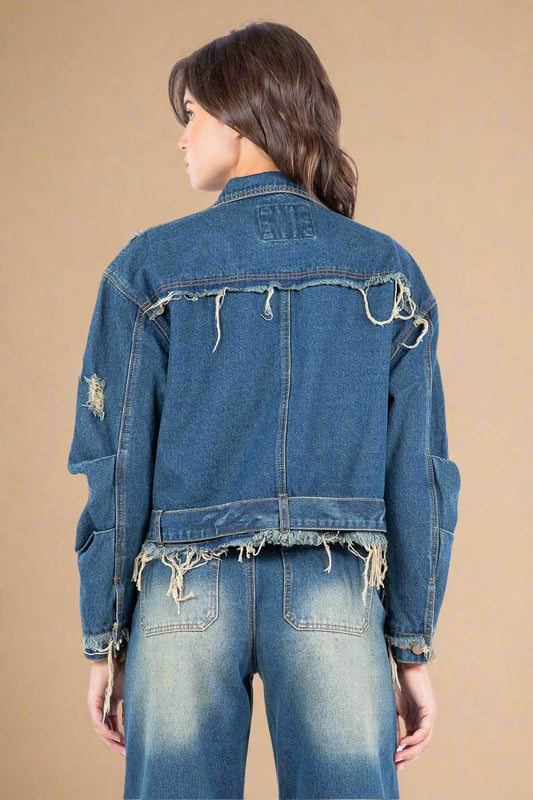 American Bazi - Medium Wash Distressed Frayed Edge Denim Jacket