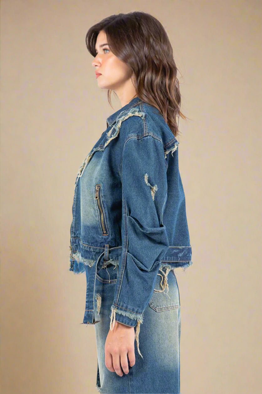 American Bazi - Medium Wash Distressed Frayed Edge Denim Jacket