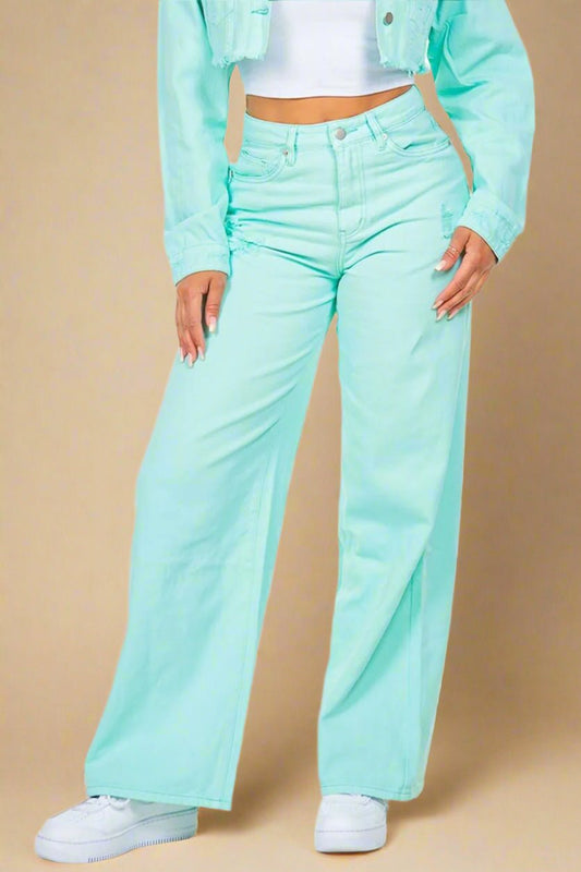 American Bazi - Mint Blue High Waist Distressed Wide Leg Jeans