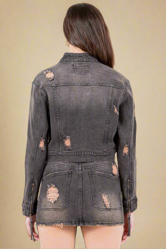 American Bazi - Vintage Wash Star Studded Denim Motorcycle Jacket