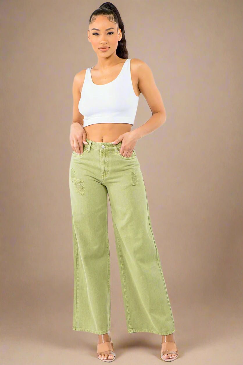 American Bazi - Yellow - Green High Waist Distressed Wide Leg Jeans