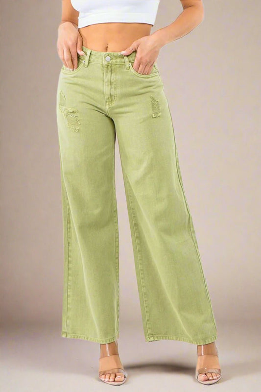 American Bazi - Yellow - Green High Waist Distressed Wide Leg Jeans