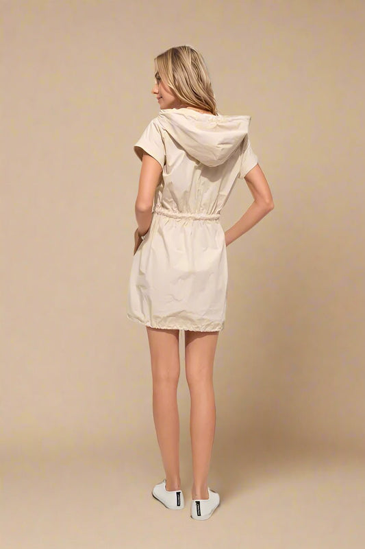 And the Why - Beige Drawstring Hooded Mini Dress