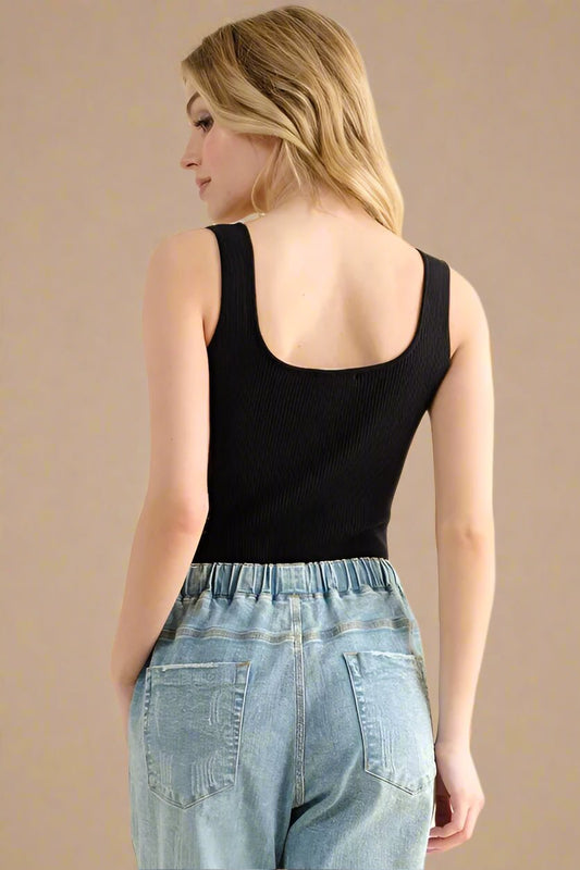 And the Why - Black Rib Knit Square Neck Bodysuit