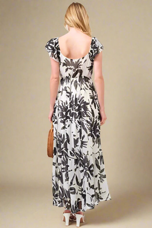And the Why - Black & White Floral Flutter Sleeve Maxi Dress