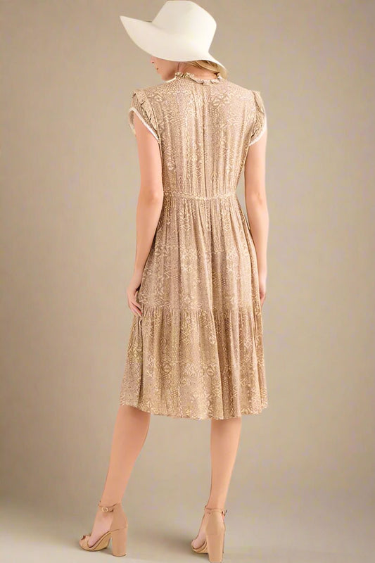 And the Why - Boho Flutter Sleeve Midi Dress in Mocha Cream