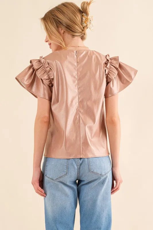 And the Why - Champagne Vegan Leather Ruffle Sleeve Top