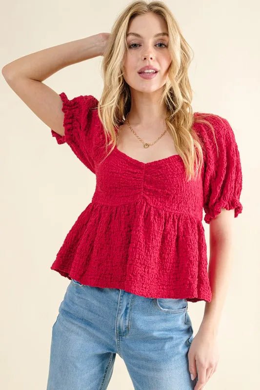 And the Why - Cherry Red Crinkle Babydoll Top