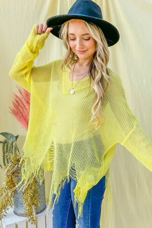 And the Why - Distressed Fringe Knit Sweater in Neon Yellow