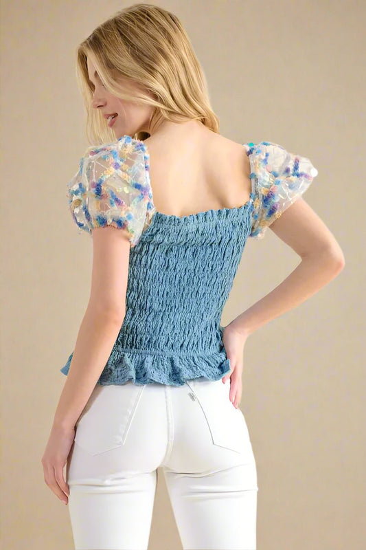 And the Why - Dusty Slate Blue Smocked Top with Embroidered Mesh Puff Sleeves