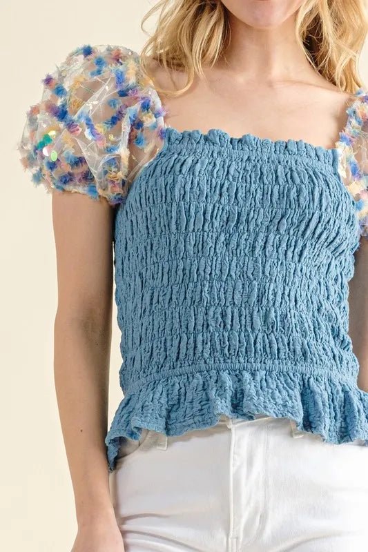 And the Why - Dusty Slate Blue Smocked Top with Embroidered Mesh Puff Sleeves