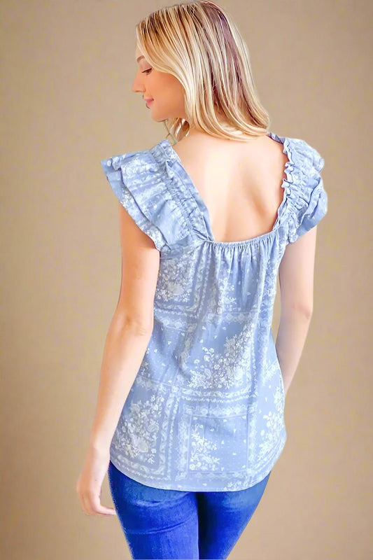 And the Why - Floral Bandana Print Ruffle Sleeve Top in Soft Chambray Blue