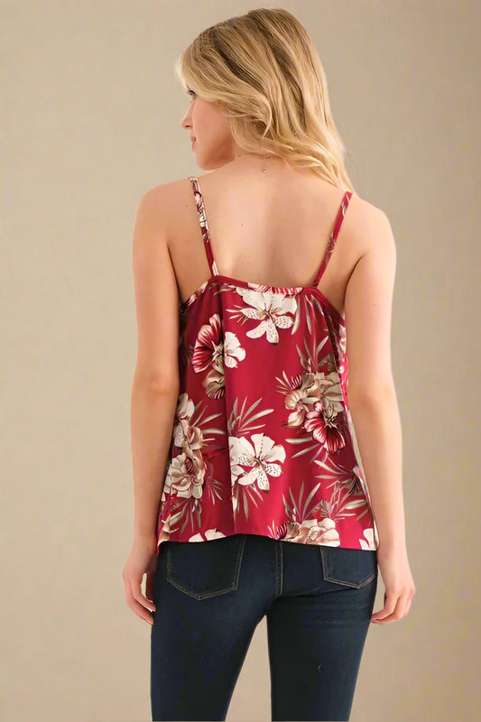 And the Why - Floral Cowl Neck Cami Top in Berry Red