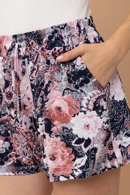 And the Why - Floral Paisley Print Shorts in Navy & Pink