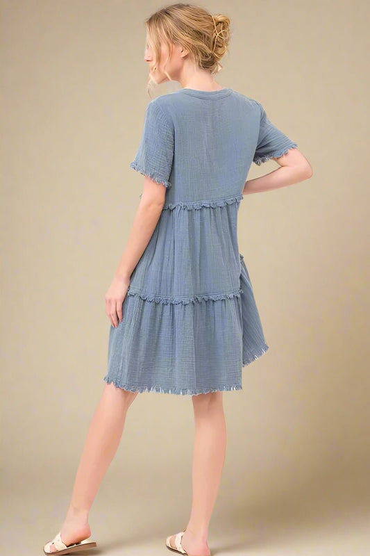 And the Why - Frayed Tiered Gauze Mini Dress in Dusty Blue