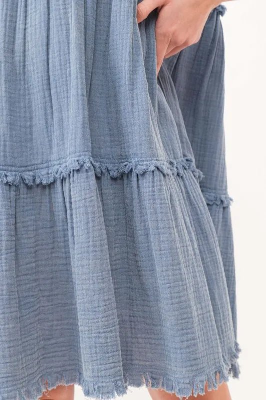 And the Why - Frayed Tiered Gauze Mini Dress in Dusty Blue