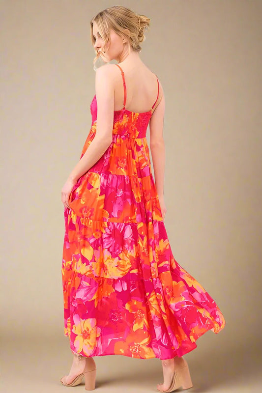And the Why - Hot Pink & Orange Tropical Floral Maxi Dress