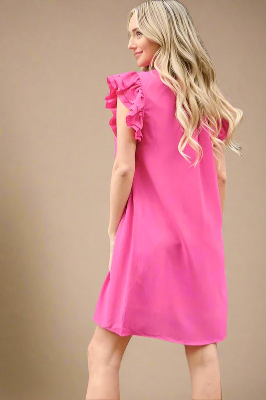 And the Why - Hot Pink Smocked Ruffle Sleeve Keyhole Mini Dress