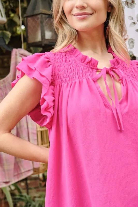 And the Why - Hot Pink Smocked Ruffle Sleeve Keyhole Mini Dress