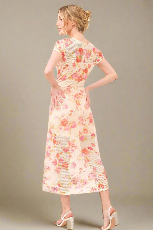 And the Why - Ivory Mesh Midi Dress with Peach Floral Print