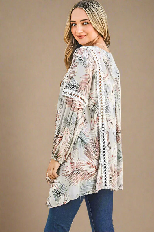 And the Why - Ivory Palm Leaf Print Blouse with Lace Trim