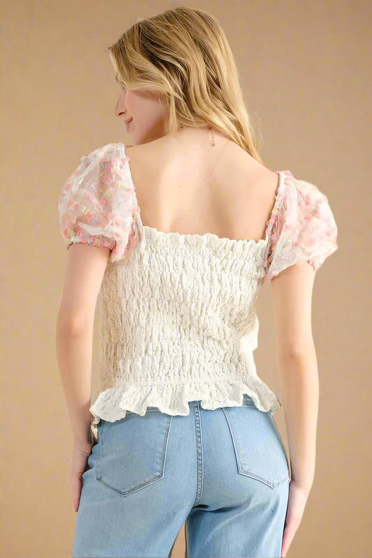 And the Why - Ivory Smocked Top with Embroidered Mesh Puff Sleeves