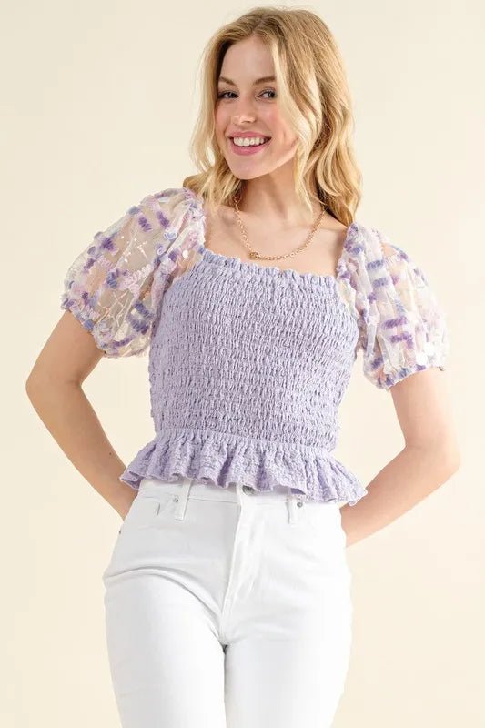 And the Why - Lavender Smocked Peplum Top with Sheer Puff Sleeves