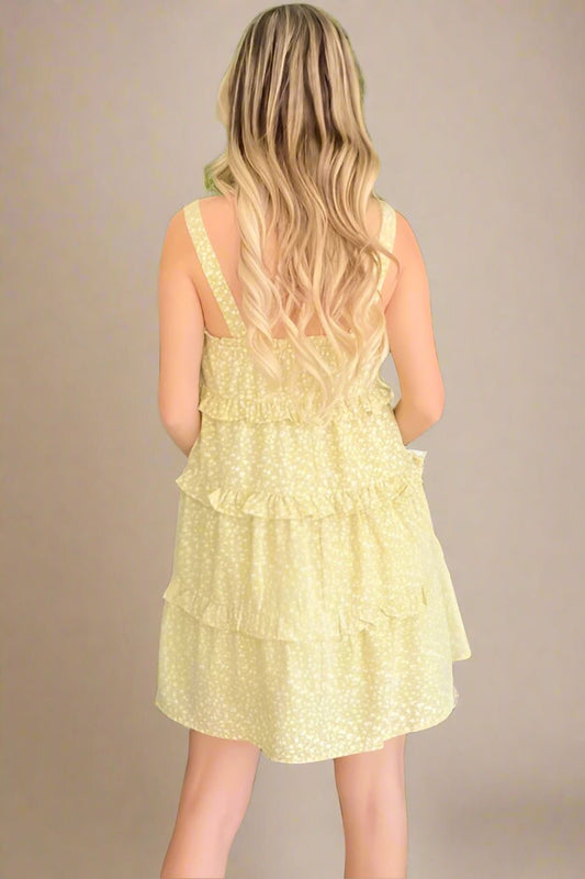 And the Why - Lemon Yellow Tiered Ruffle Mini Dress with Ditsy Floral Print