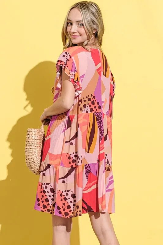 And the Why - Multicolor Abstract Ruffle Sleeve Tiered Mini Dress
